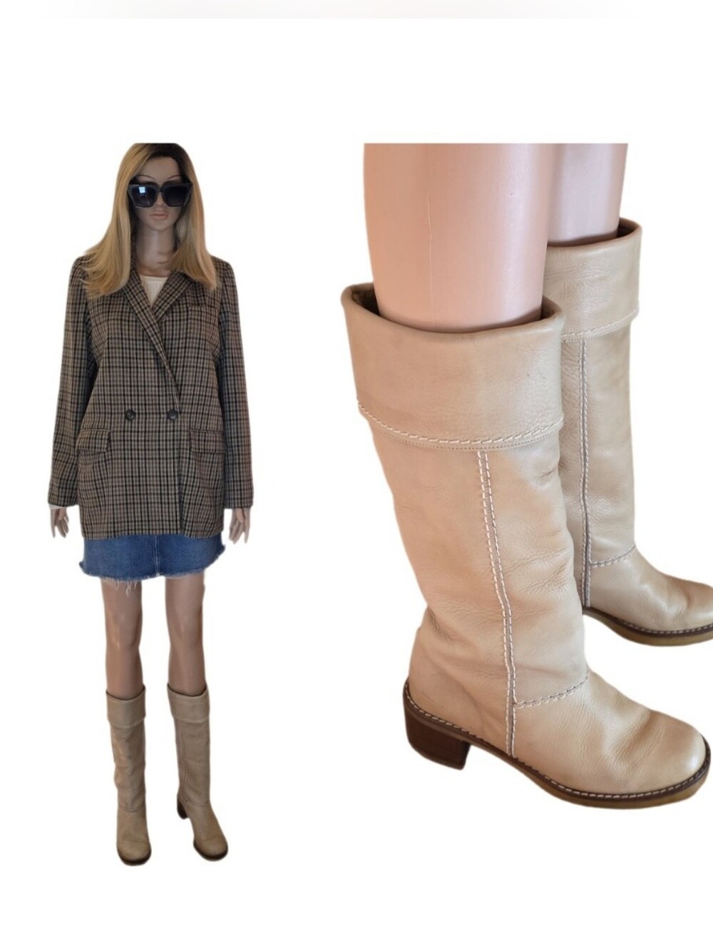 Vintage European Leather Shearling Riding Boots Square Toe Crepe Sole
